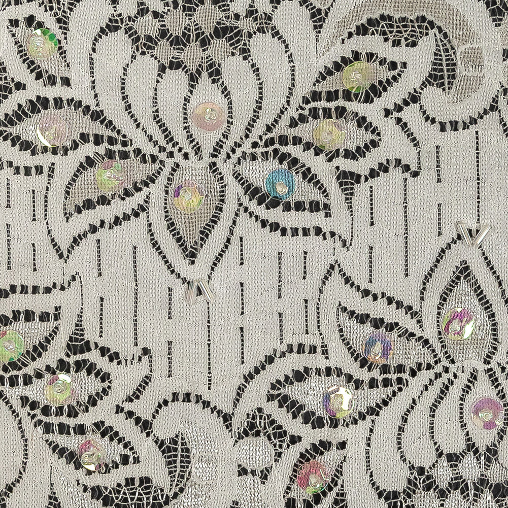 White and Iridescent Beaded and Sequined Floral Stretch Lace Trim - 6" Detail White and Iridescent Beaded and Sequined Floral Stretch Lace Trim - 6" Detail