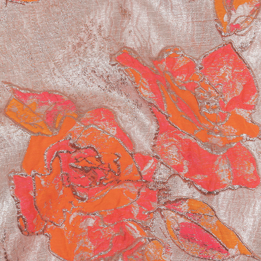 Neon Pink, Neon Orange and Metallic Silver Roses Luxury Brocade Neon Pink, Neon Orange and Metallic Silver Roses Luxury Brocade