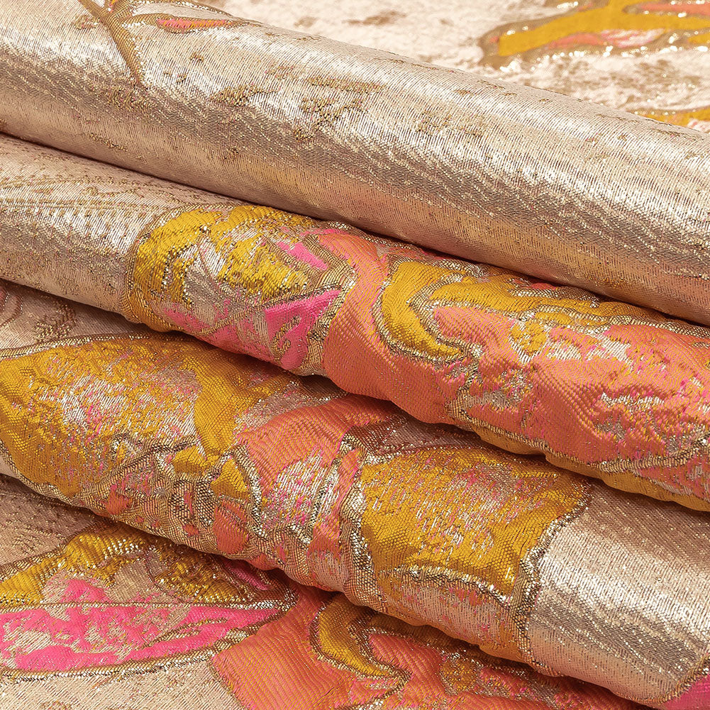 Spicy Mustard, Hot Pink and Metallic Silver Roses Luxury Brocade Folded Spicy Mustard, Hot Pink and Metallic Silver Roses Luxury Brocade Folded