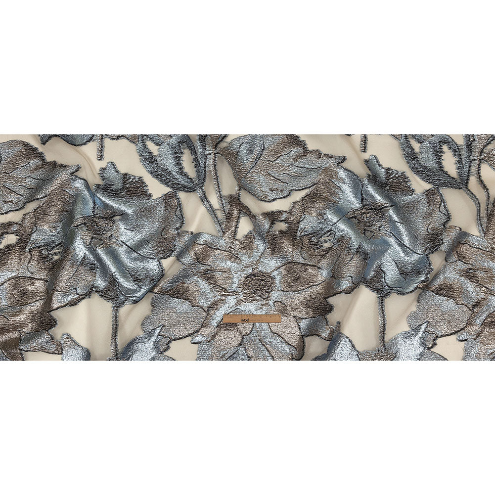 Metallic Silver, Black and Sky Blue Oversized Flowers Luxury Burnout Brocade Full Metallic Silver, Black and Sky Blue Oversized Flowers Luxury Burnout Brocade Full