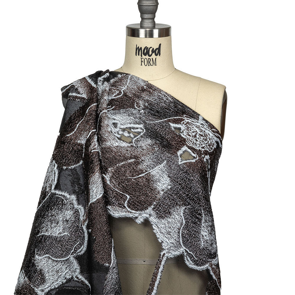 Metallic Black, White and Brown Oversized Flowers Luxury Burnout Brocade Drape Metallic Black, White and Brown Oversized Flowers Luxury Burnout Brocade Drape