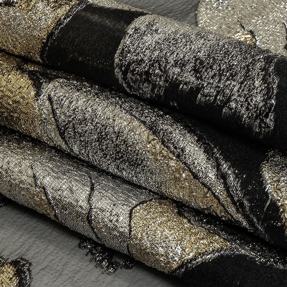 Metallic Silver, Gold and Black Oversized Flowers Luxury Burnout Brocade Folded Metallic Silver, Gold and Black Oversized Flowers Luxury Burnout Brocade Folded