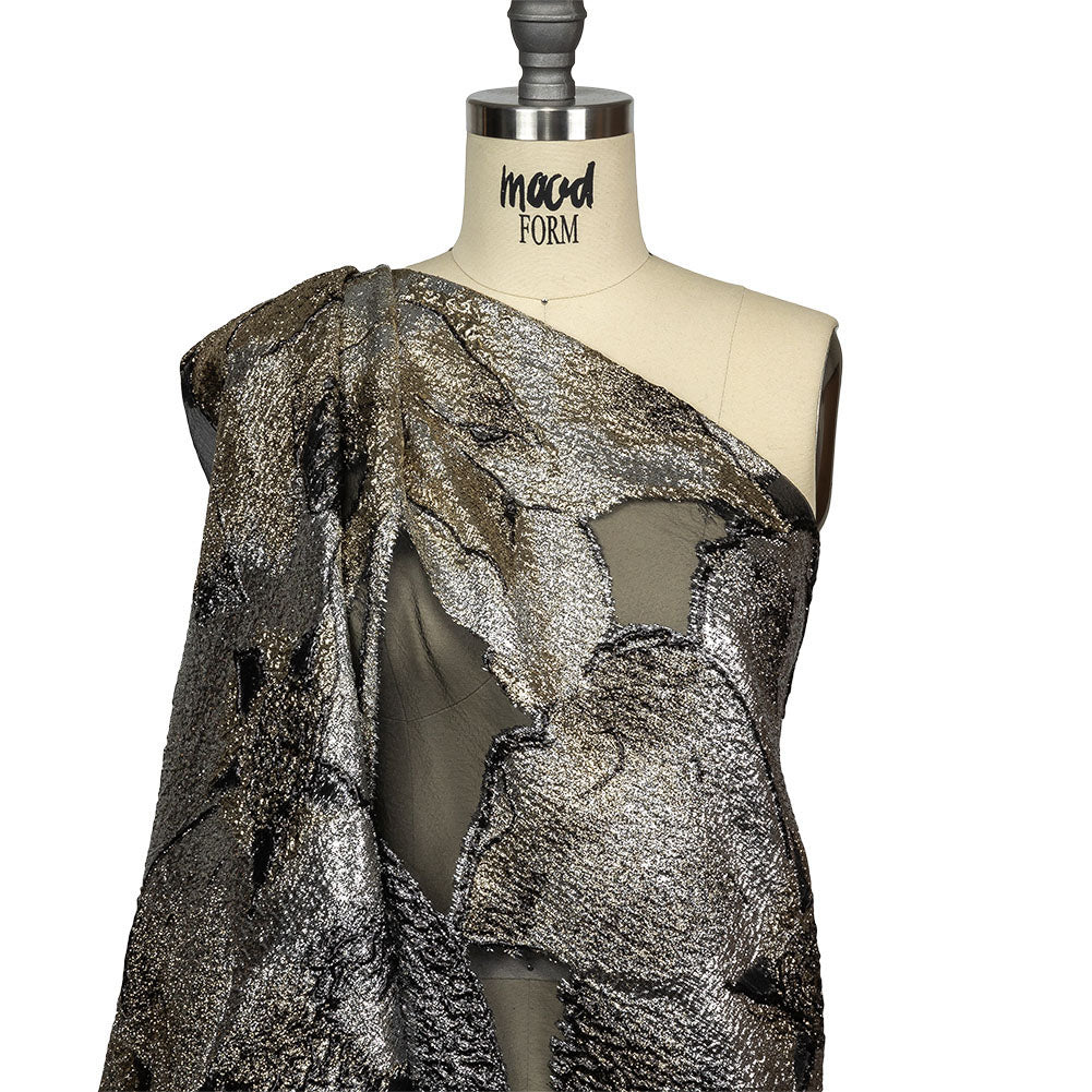 Metallic Silver, Gold and Black Oversized Flowers Luxury Burnout Brocade Drape Metallic Silver, Gold and Black Oversized Flowers Luxury Burnout Brocade Drape