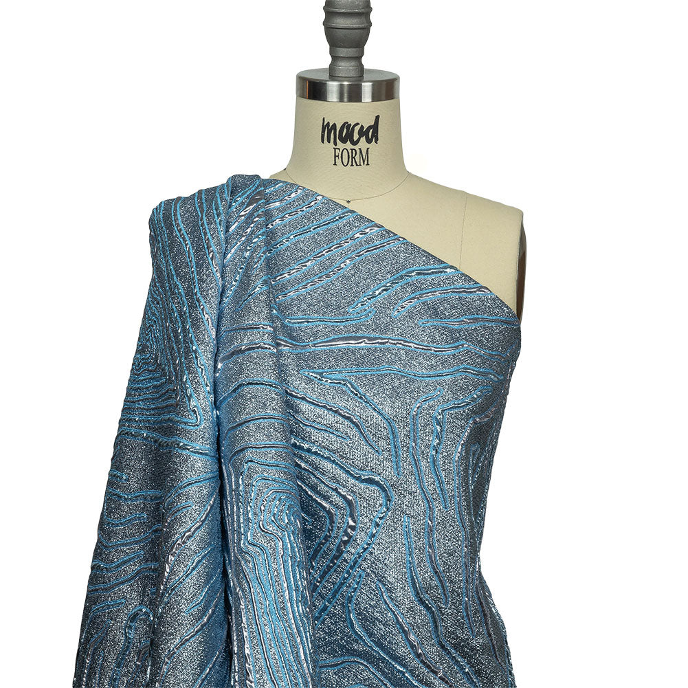 Metallic Silver and Sky Blue Contour Lines Luxury Brocade Drape Metallic Silver and Sky Blue Contour Lines Luxury Brocade Drape