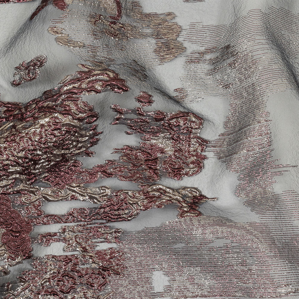 Metallic Silver and Plum Ornate Abstraction Luxury Burnout Organza Brocade Metallic Silver and Plum Ornate Abstraction Luxury Burnout Organza Brocade