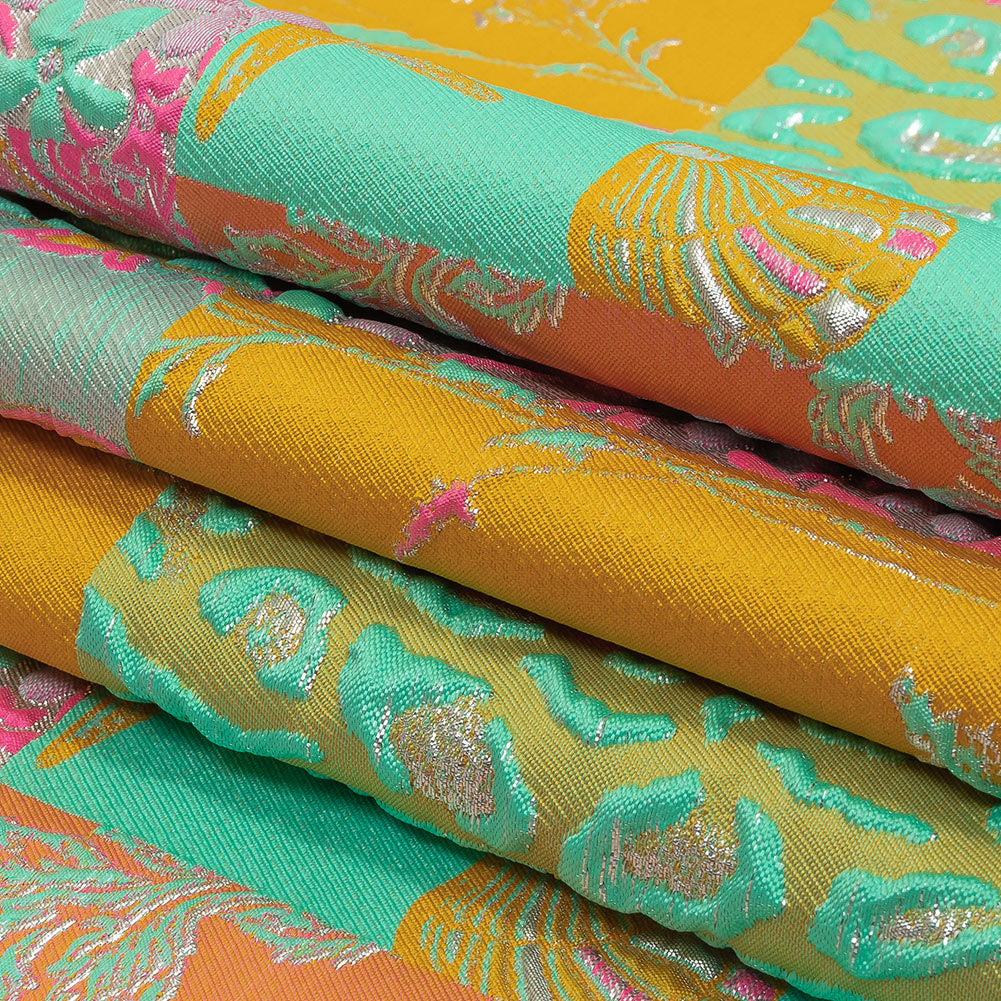 Aqua, Pink and Saffron Patchwork Metallic Luxury Brocade Folded Aqua, Pink and Saffron Patchwork Metallic Luxury Brocade Folded
