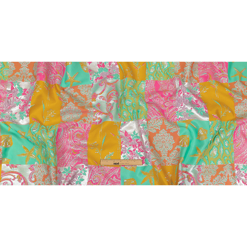 Aqua, Pink and Saffron Patchwork Metallic Luxury Brocade Full Aqua, Pink and Saffron Patchwork Metallic Luxury Brocade Full