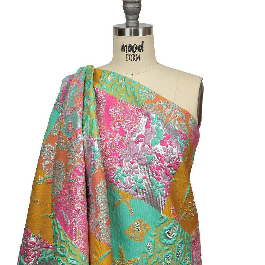 Aqua, Pink and Saffron Patchwork Metallic Luxury Brocade Drape Aqua, Pink and Saffron Patchwork Metallic Luxury Brocade Drape