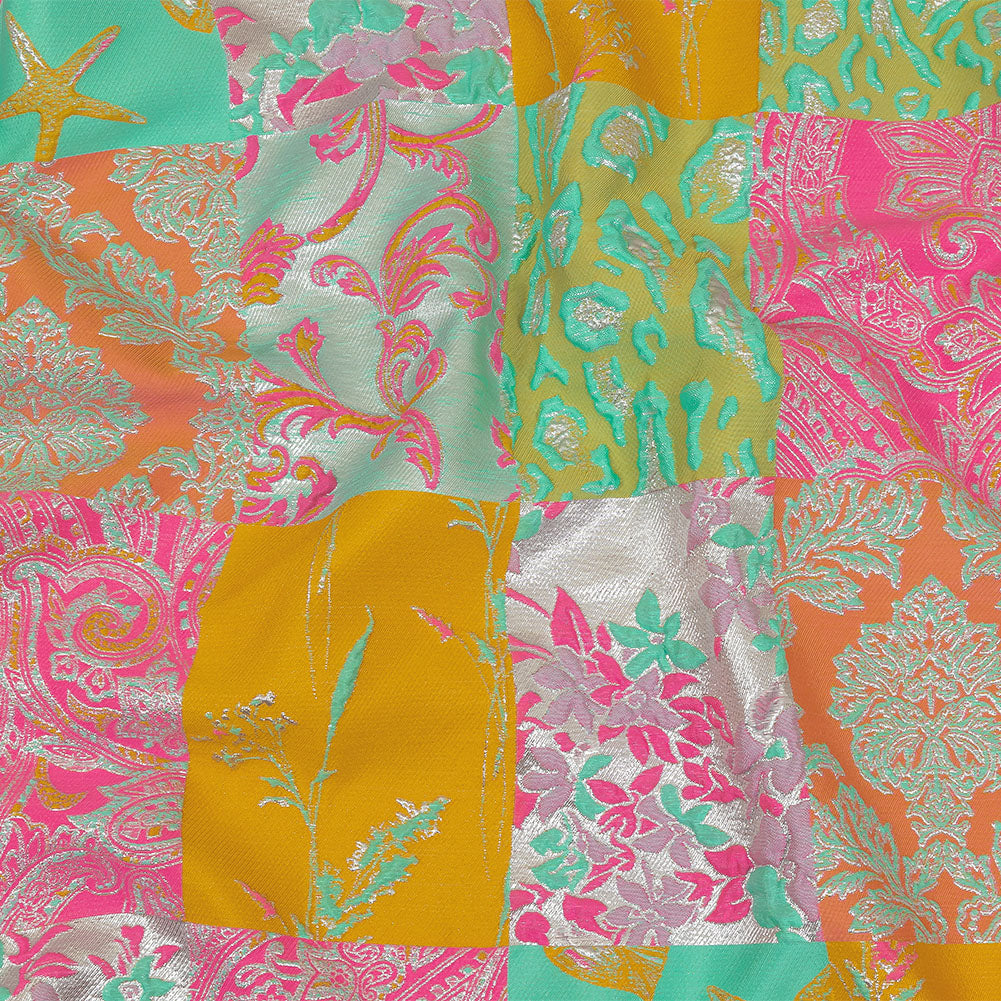 Aqua, Pink and Saffron Patchwork Metallic Luxury Brocade Aqua, Pink and Saffron Patchwork Metallic Luxury Brocade
