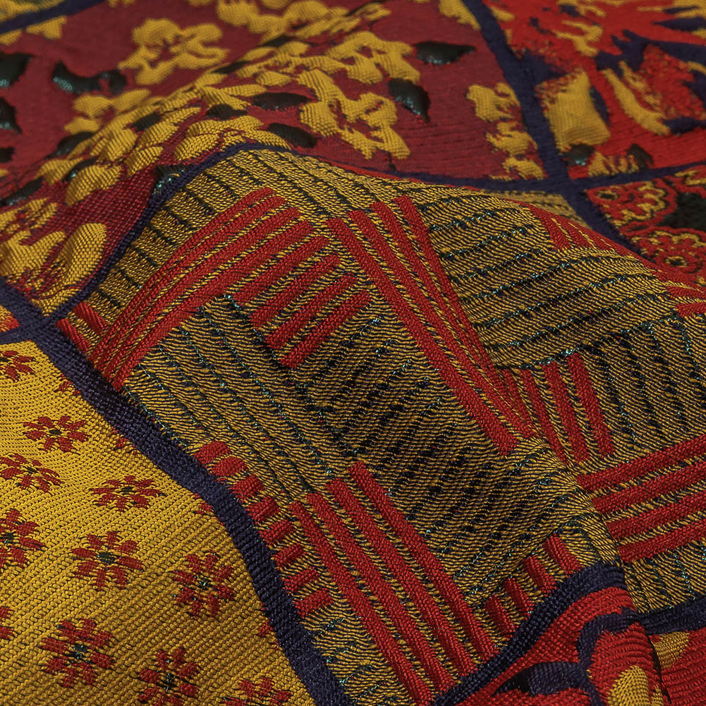Red, Saffron and Metallic Navy Patchwork Squares Luxury Brocade Detail Red, Saffron and Metallic Navy Patchwork Squares Luxury Brocade Detail
