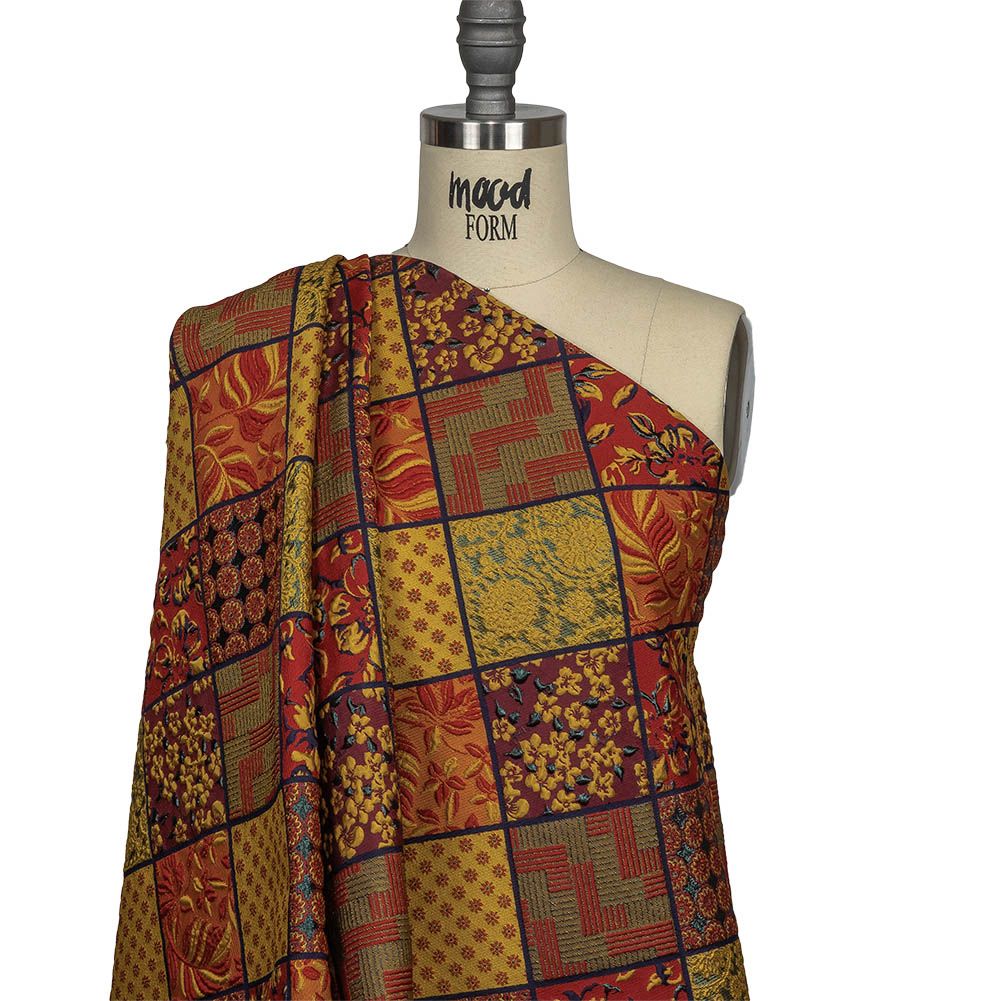 Red, Saffron and Metallic Navy Patchwork Squares Luxury Brocade Drape Red, Saffron and Metallic Navy Patchwork Squares Luxury Brocade Drape