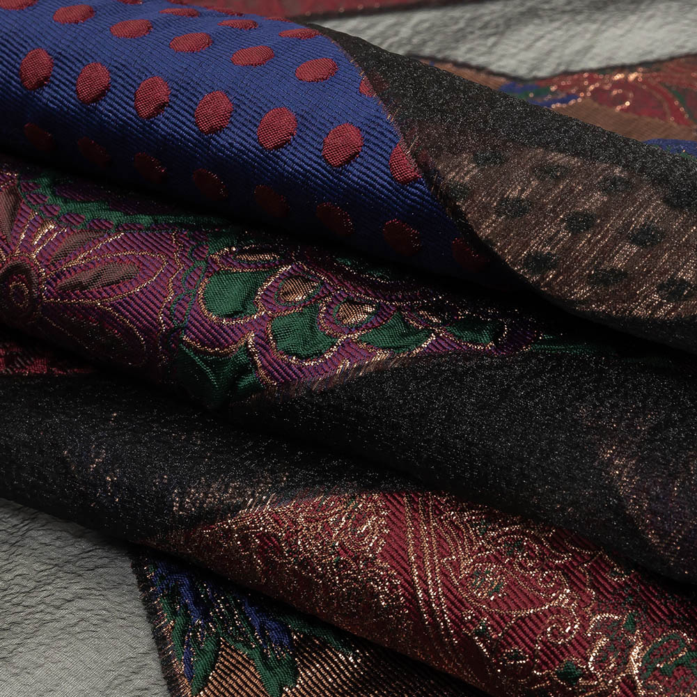Metallic Royal, Evergreen and Red Patchwork Chevrons Luxury Organza Brocade Folded Metallic Royal, Evergreen and Red Patchwork Chevrons Luxury Organza Brocade Folded