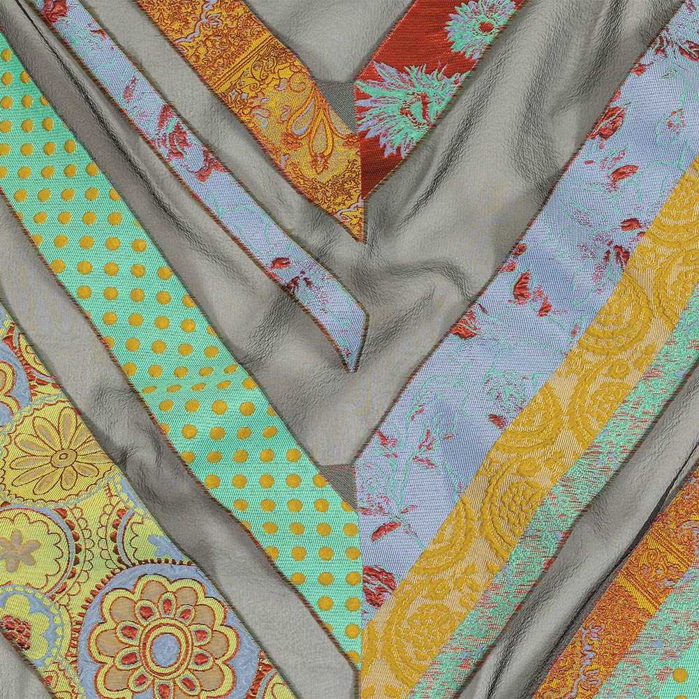 Metallic Seafoam, Mustard, and Ruby Patchwork Chevrons Luxury Organza Brocade Metallic Seafoam, Mustard, and Ruby Patchwork Chevrons Luxury Organza Brocade