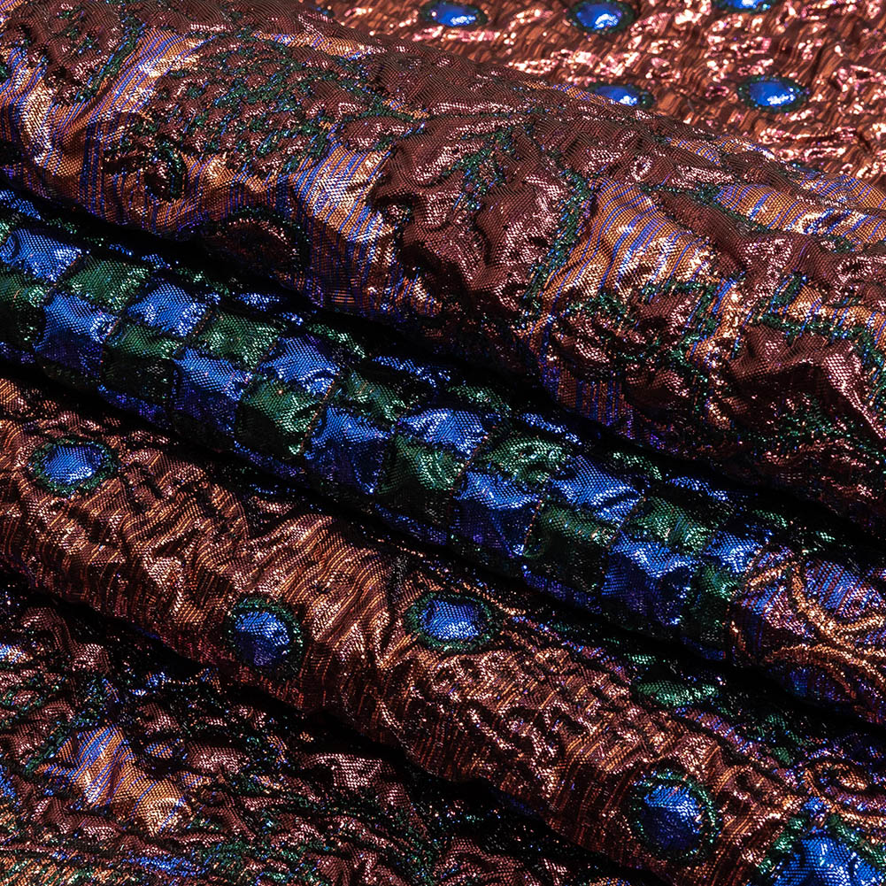 Metallic Rose Gold, Forest and Royal Blue Ornate Patchwork Luxury Brocade Folded Metallic Rose Gold, Forest and Royal Blue Ornate Patchwork Luxury Brocade Folded