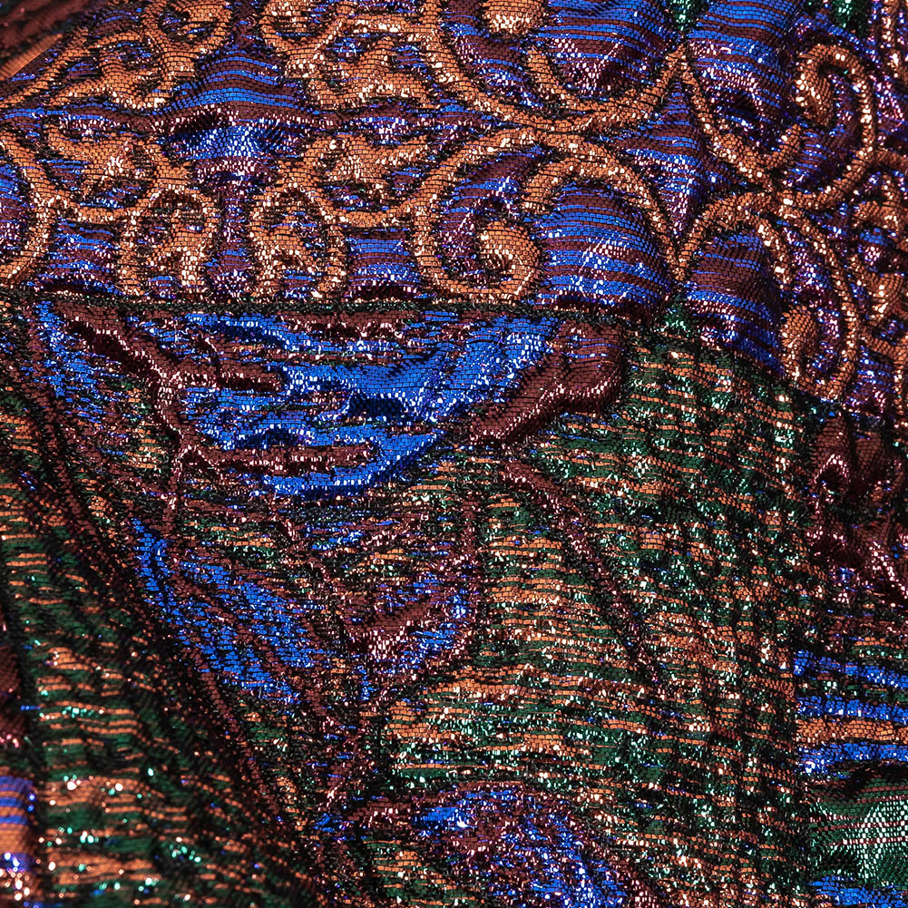 Metallic Rose Gold, Forest and Royal Blue Ornate Patchwork Luxury Brocade Detail Metallic Rose Gold, Forest and Royal Blue Ornate Patchwork Luxury Brocade Detail