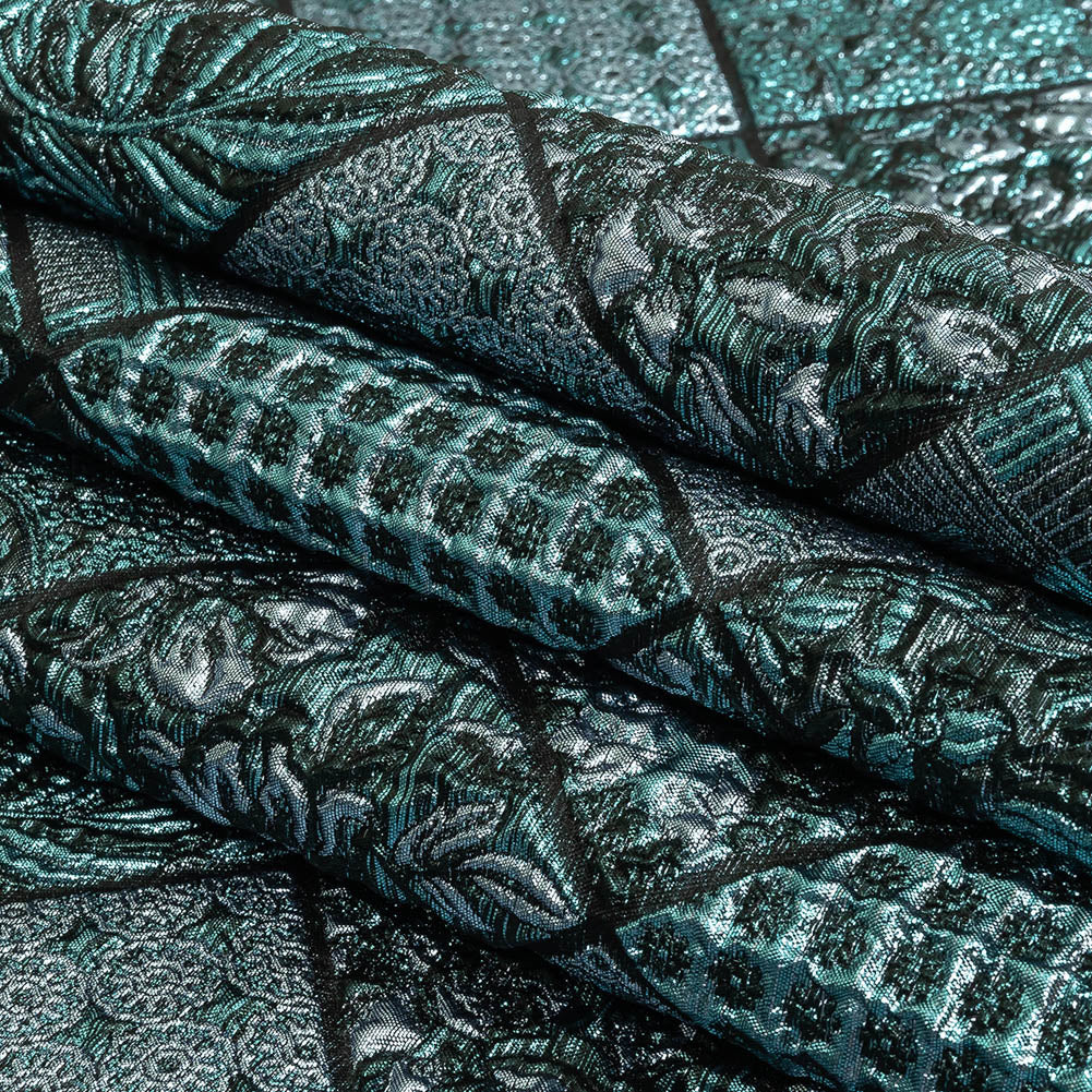 Metallic Turquoise, Powder Blue and Evergreen Patchwork Squares Luxury Brocade Folded Metallic Turquoise, Powder Blue and Evergreen Patchwork Squares Luxury Brocade Folded