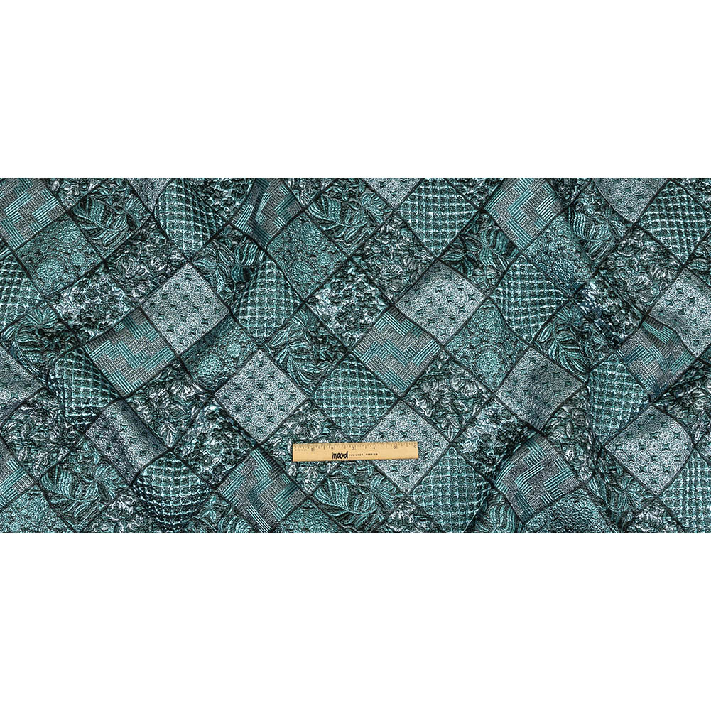 Metallic Turquoise, Powder Blue and Evergreen Patchwork Squares Luxury Brocade Full Metallic Turquoise, Powder Blue and Evergreen Patchwork Squares Luxury Brocade Full