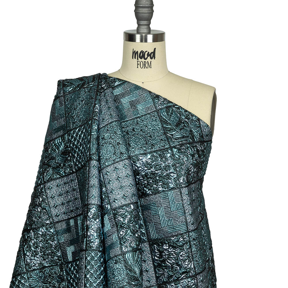 Metallic Turquoise, Powder Blue and Evergreen Patchwork Squares Luxury Brocade Drape Metallic Turquoise, Powder Blue and Evergreen Patchwork Squares Luxury Brocade Drape