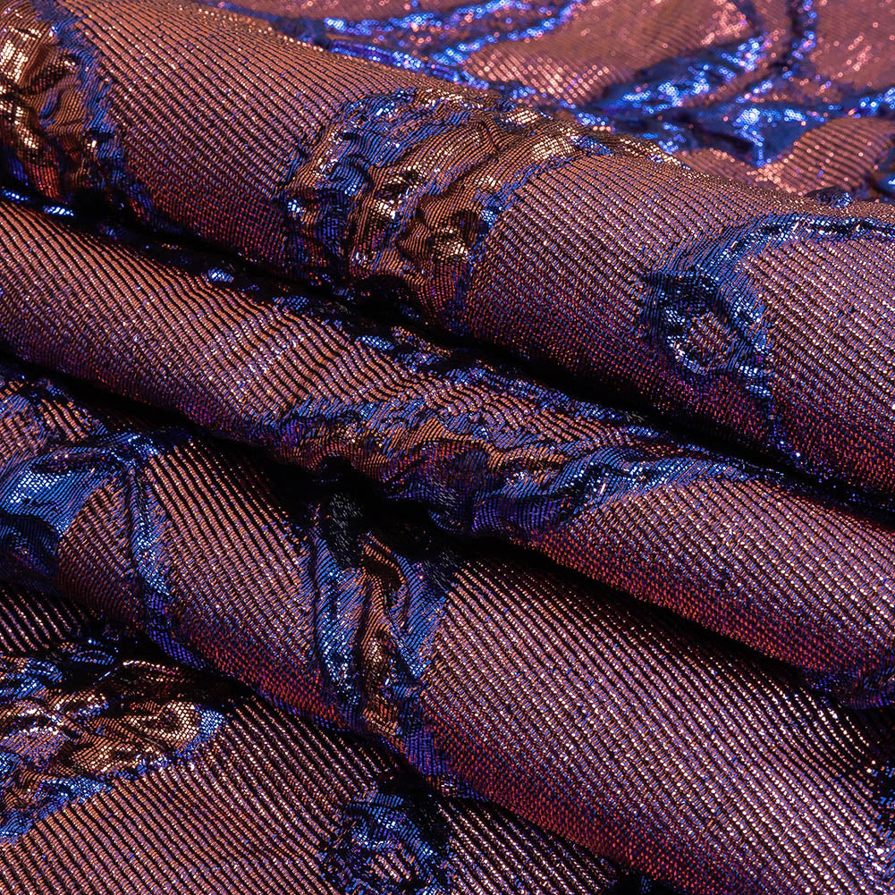 Metallic Iridescent Rose Gold and Bright Blue Floral Luxury Brocade Folded Metallic Iridescent Rose Gold and Bright Blue Floral Luxury Brocade Folded