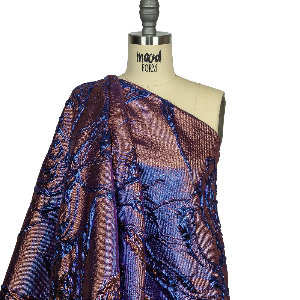 Metallic Iridescent Rose Gold and Bright Blue Floral Luxury Brocade Drape Metallic Iridescent Rose Gold and Bright Blue Floral Luxury Brocade Drape