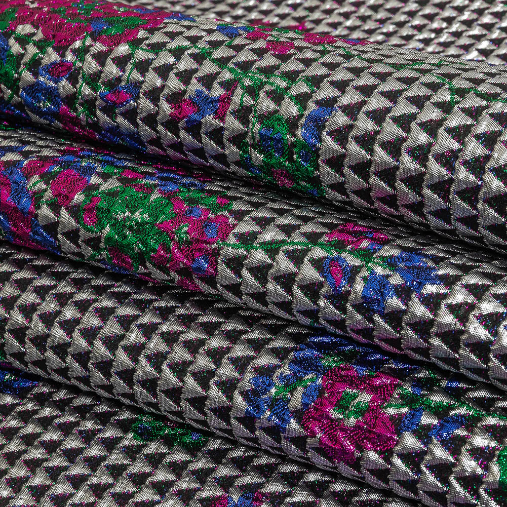 Metallic Silver, Pink and Blue Floral Triangles Quilted Look Luxury Brocade Folded Metallic Silver, Pink and Blue Floral Triangles Quilted Look Luxury Brocade Folded