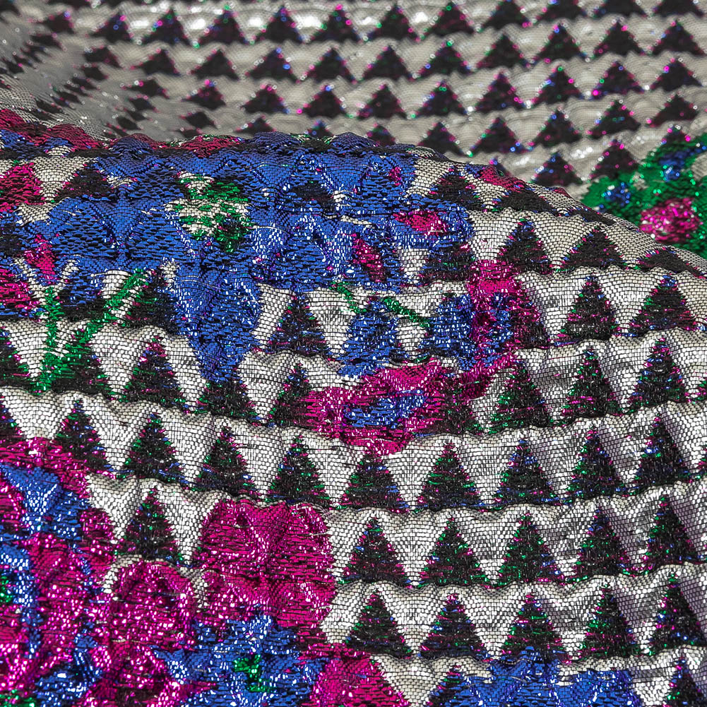 Metallic Silver, Pink and Blue Floral Triangles Quilted Look Luxury Brocade Detail Metallic Silver, Pink and Blue Floral Triangles Quilted Look Luxury Brocade Detail