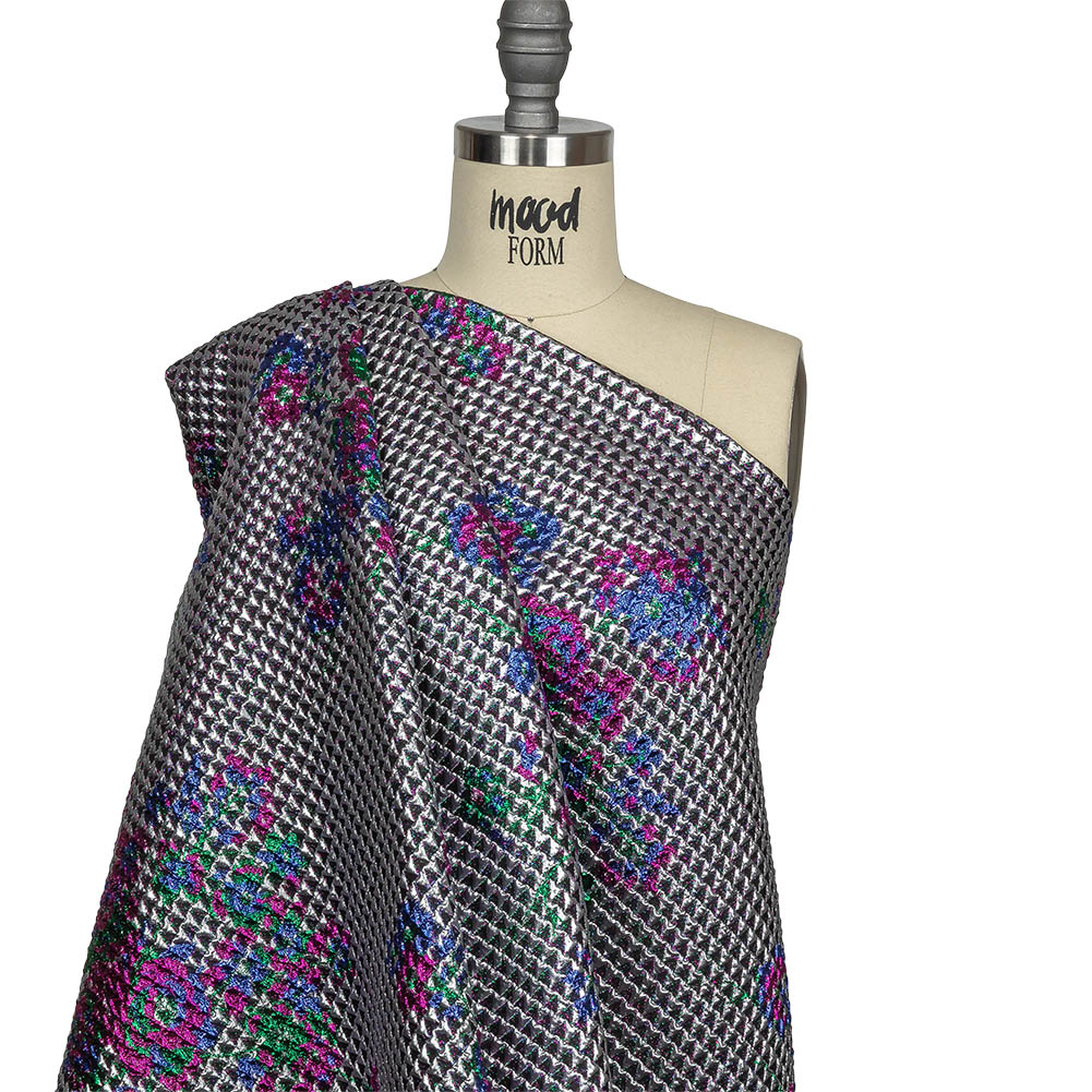 Metallic Silver, Pink and Blue Floral Triangles Quilted Look Luxury Brocade Drape Metallic Silver, Pink and Blue Floral Triangles Quilted Look Luxury Brocade Drape