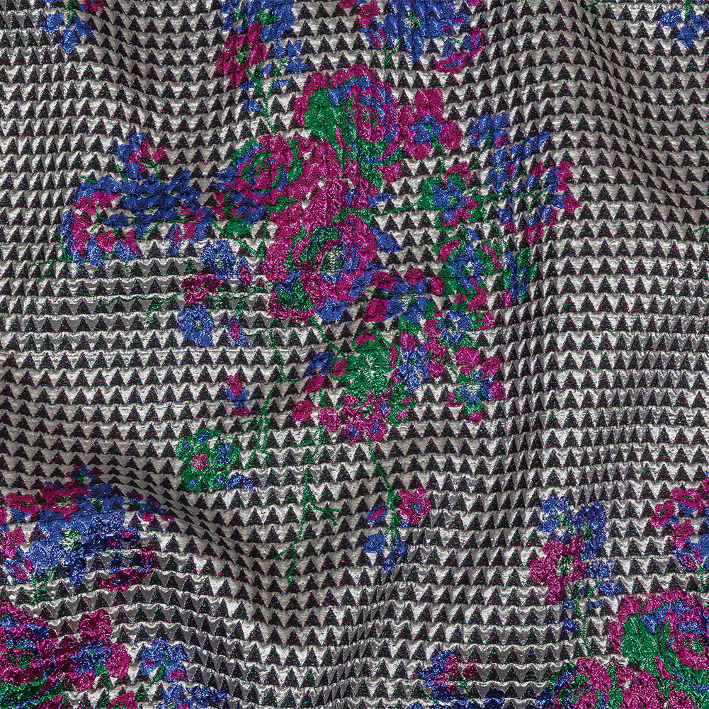 Metallic Silver, Pink and Blue Floral Triangles Quilted Look Luxury Brocade Metallic Silver, Pink and Blue Floral Triangles Quilted Look Luxury Brocade