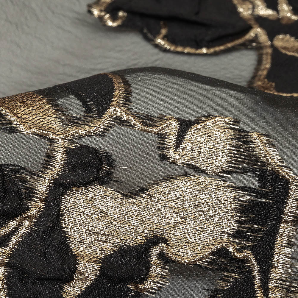 Metallic Gold and Black Roses Luxury Organza Burnout Brocade Detail Metallic Gold and Black Roses Luxury Organza Burnout Brocade Detail