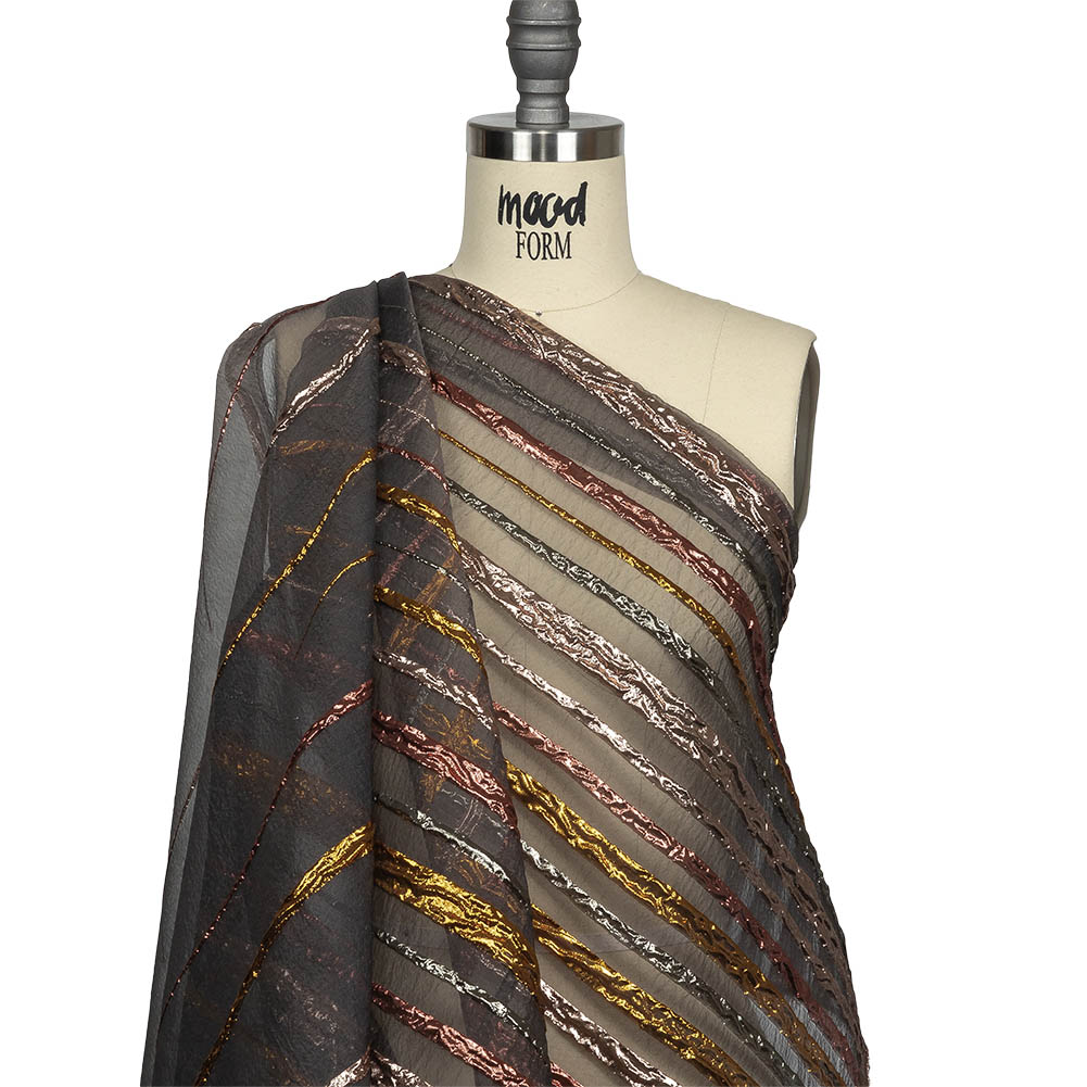 Metallic Rose, Silver and Gold Fading Lines Luxury Organza Brocade Drape Metallic Rose, Silver and Gold Fading Lines Luxury Organza Brocade Drape