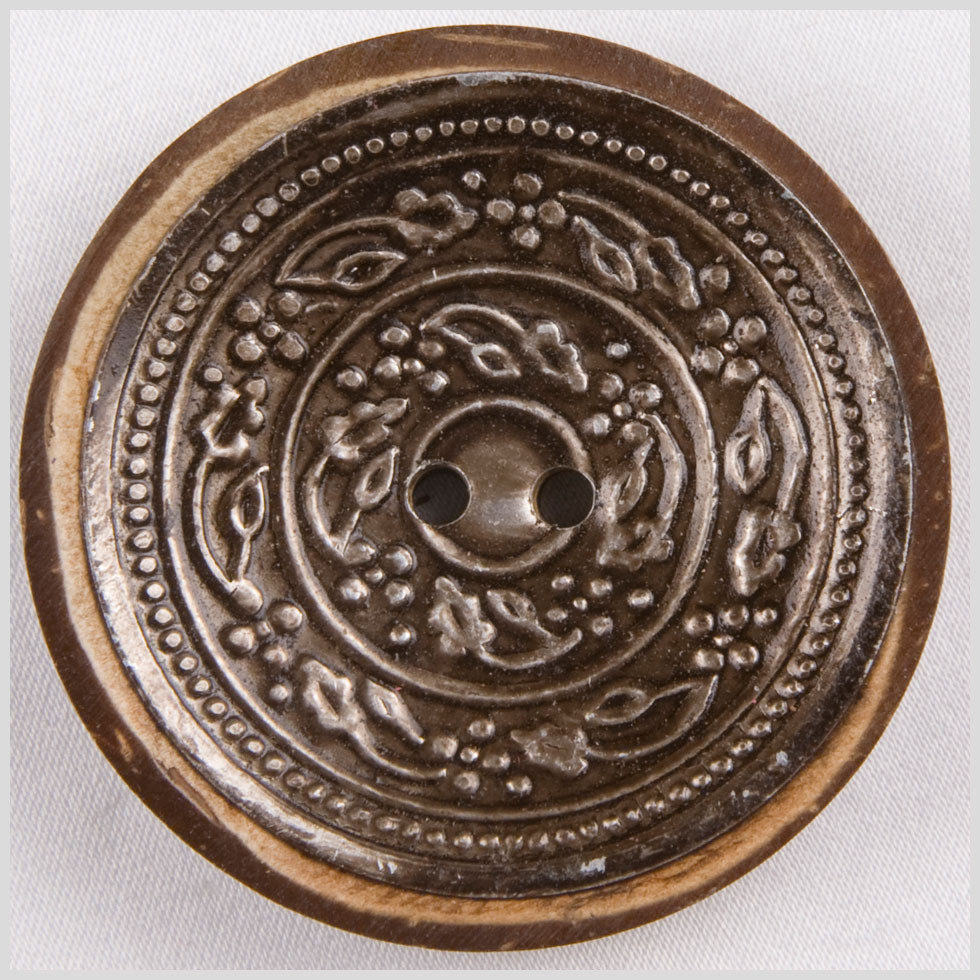 Natural and Gunmetal Foiled 2-Hole Coconut Button - 70L/44.5mm Natural and Gunmetal Foiled 2-Hole Coconut Button - 70L/44.5mm