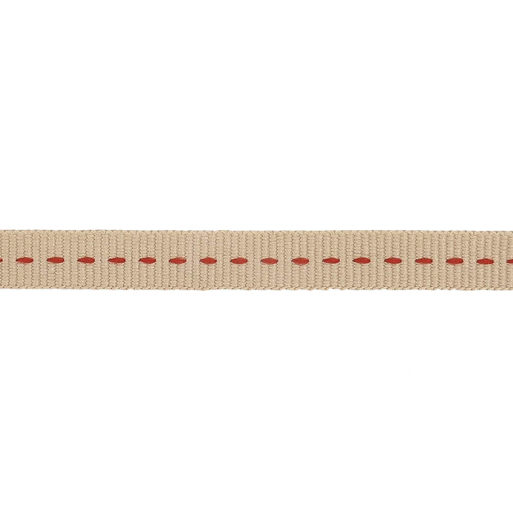 Tan Grosgrain Ribbon with Red Stitching Detail - 0.375" Detail Tan Grosgrain Ribbon with Red Stitching Detail - 0.375" Detail