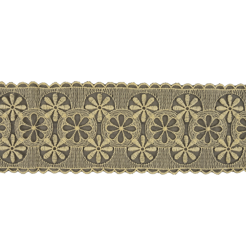 Pistachio Shell and Black Circles and Flowers Embroidered Mesh Lace Trim with Scalloped Borders - 4.25" Pistachio Shell and Black Circles and Flowers Embroidered Mesh Lace Trim with Scalloped Borders - 4.25"