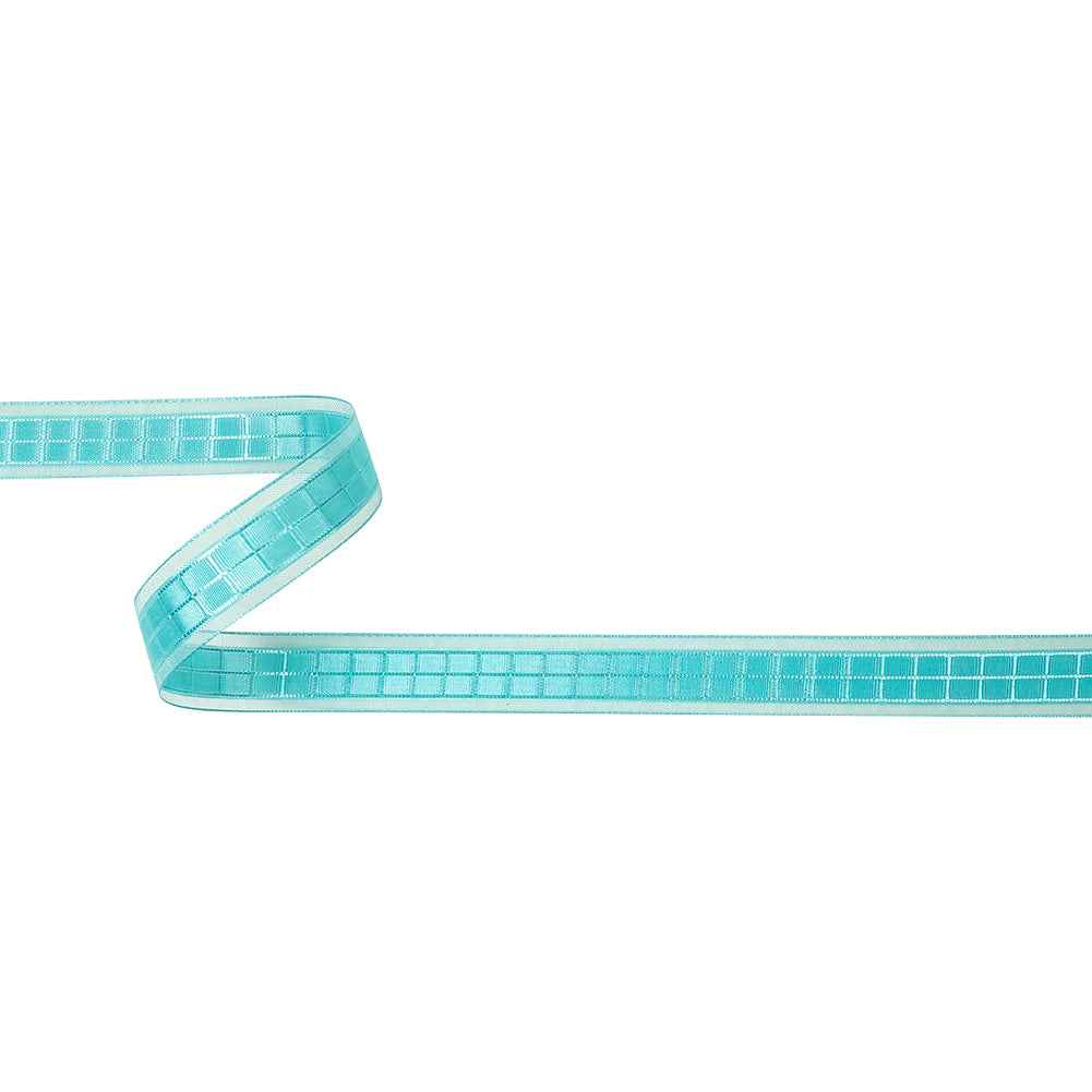 Turquoise Windowpane Checks and Sheer Borders Woven Ribbon - 0.625" Turquoise Windowpane Checks and Sheer Borders Woven Ribbon - 0.625"