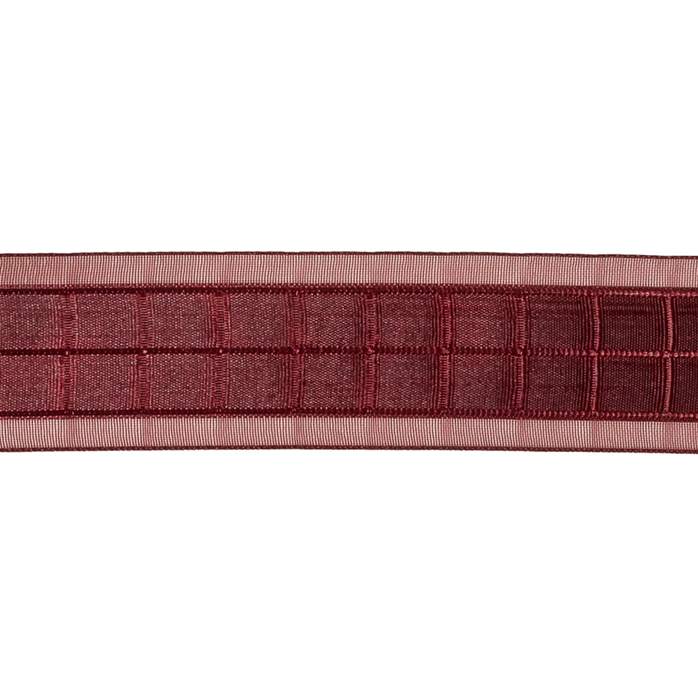 Wine Red Windowpane Checks and Sheer Borders Woven Ribbon - 1" Detail Wine Red Windowpane Checks and Sheer Borders Woven Ribbon - 1" Detail