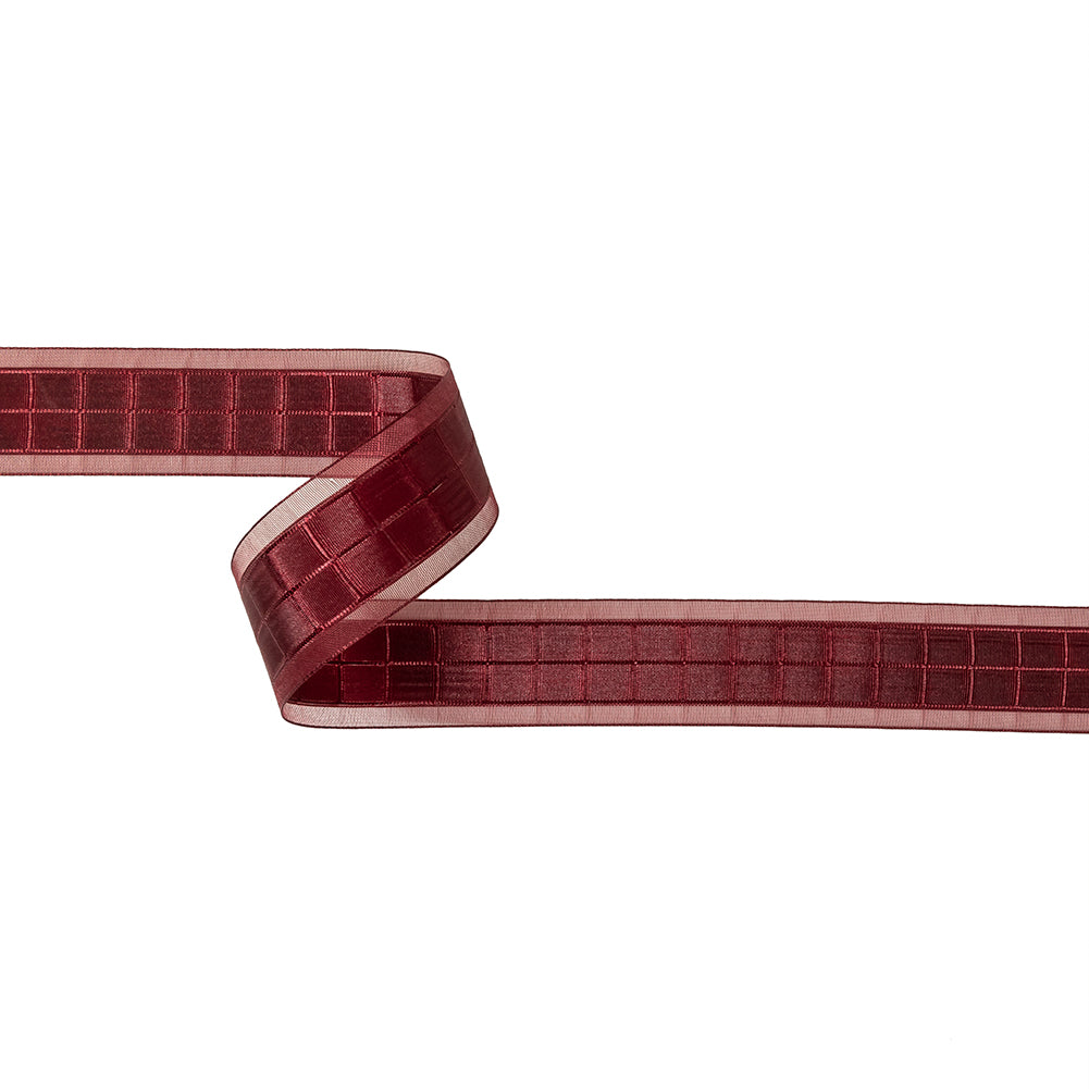Wine Red Windowpane Checks and Sheer Borders Woven Ribbon - 1" Wine Red Windowpane Checks and Sheer Borders Woven Ribbon - 1"