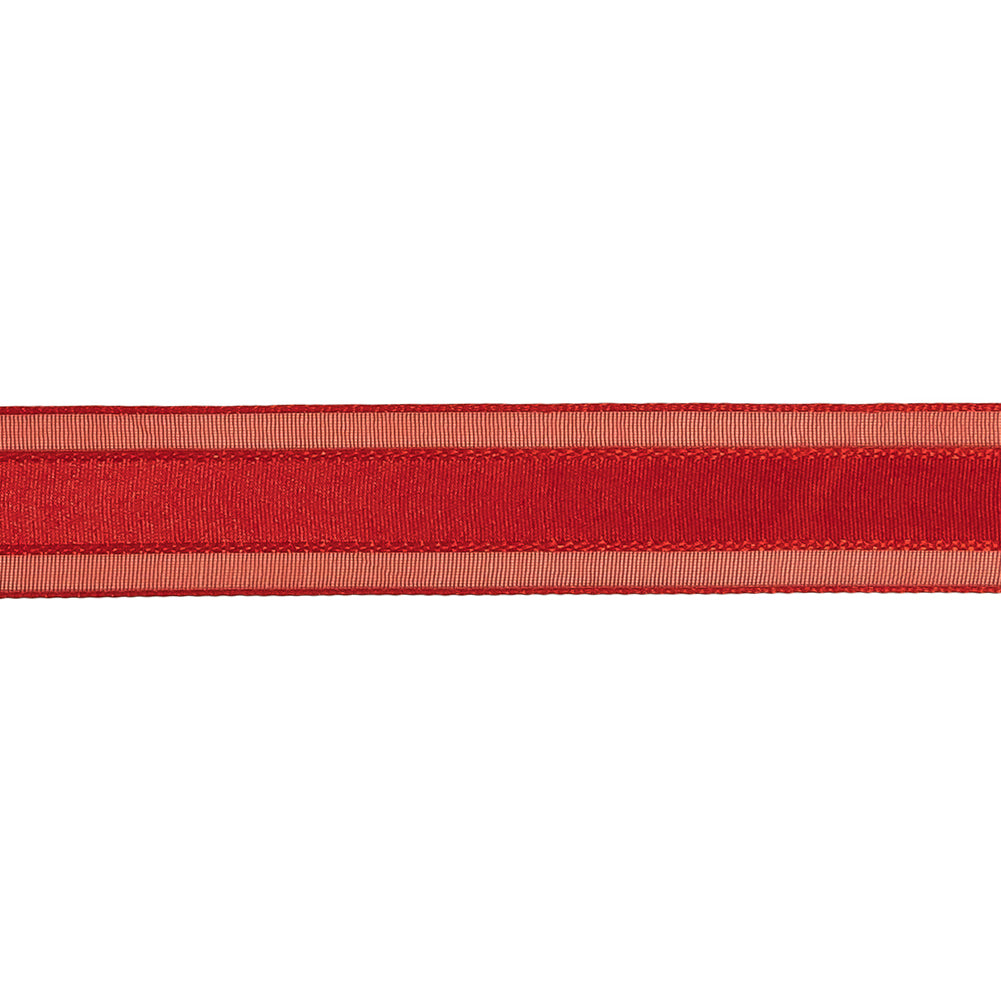 Red Woven Ribbon with Sheer Organza Borders - 0.75" Detail Red Woven Ribbon with Sheer Organza Borders - 0.75" Detail