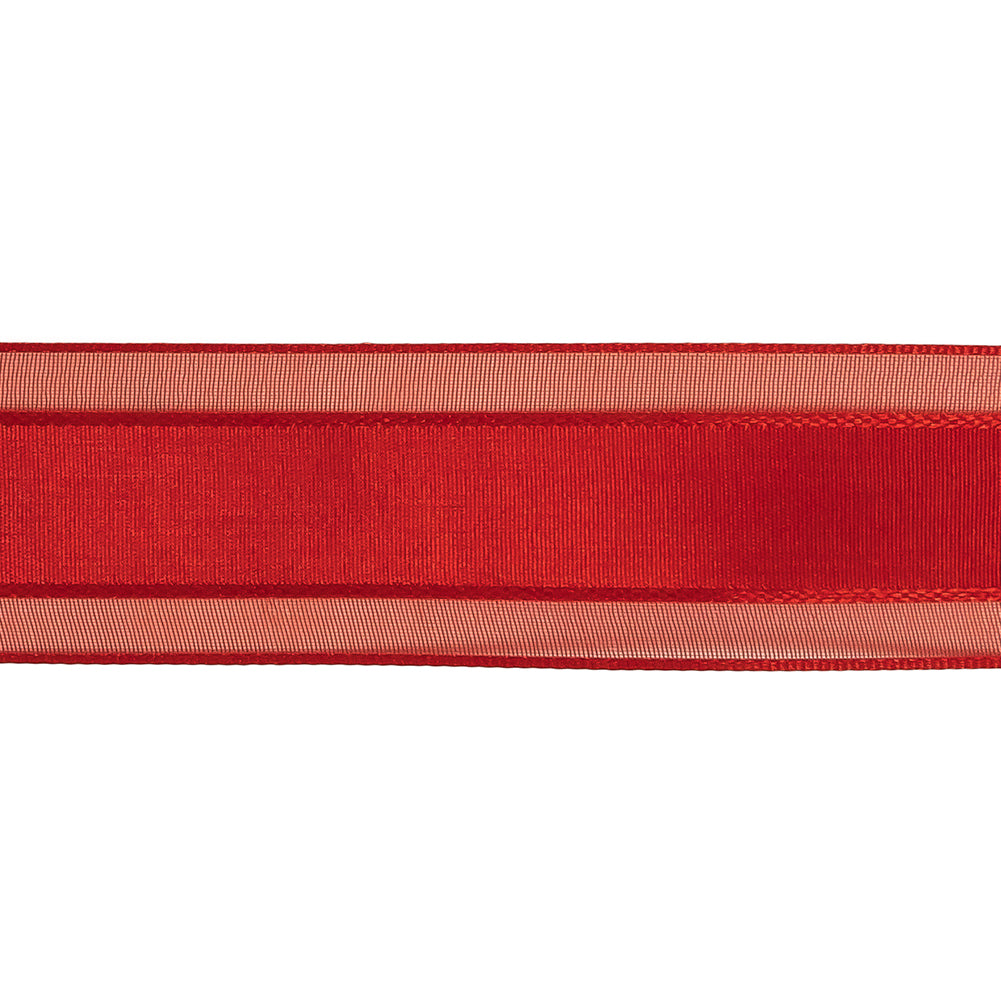 Red Woven Ribbon with Sheer Organza Borders - 1" Detail Red Woven Ribbon with Sheer Organza Borders - 1" Detail