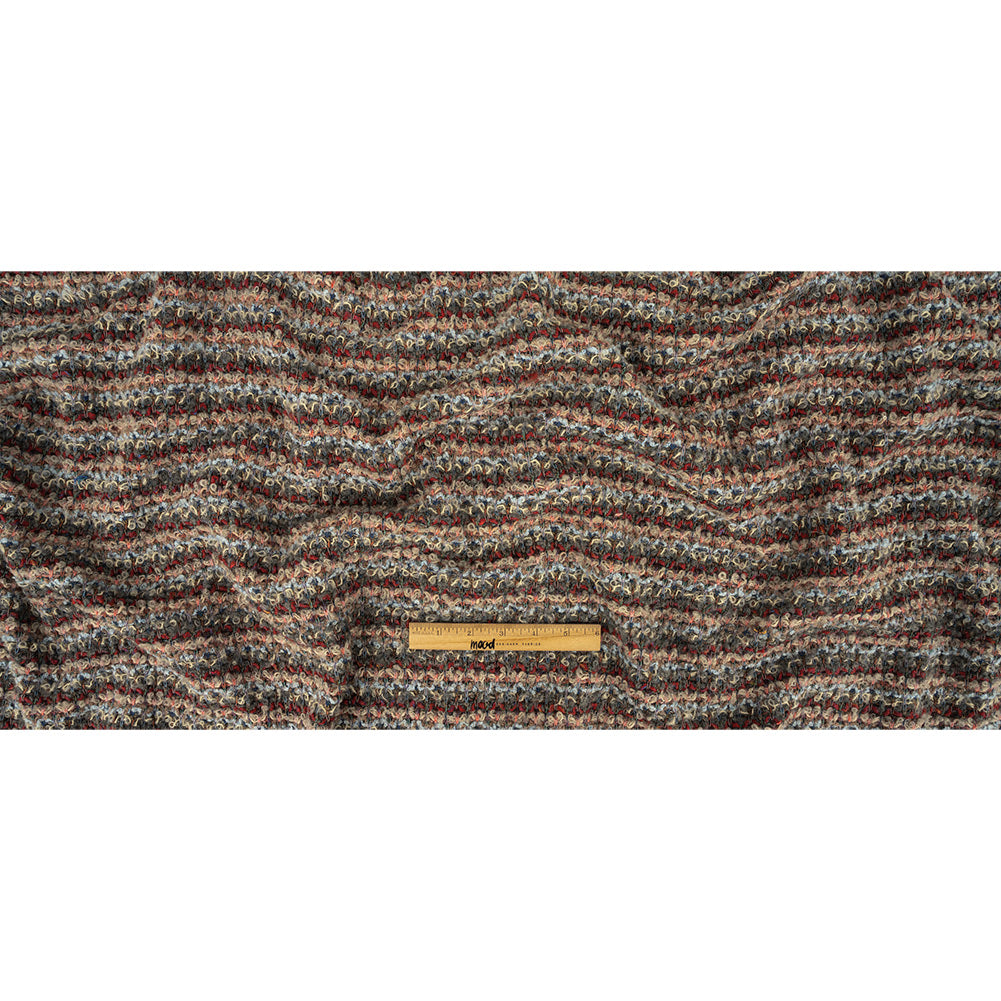Red, Coral and Gray Striped Boucle Wool Knit with Clear Baby Sequins Full Red, Coral and Gray Striped Boucle Wool Knit with Clear Baby Sequins Full