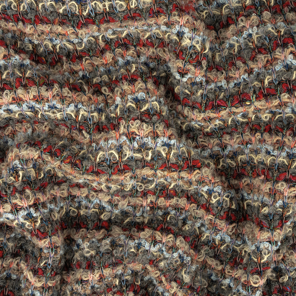 Red, Coral and Gray Striped Boucle Wool Knit with Clear Baby Sequins Red, Coral and Gray Striped Boucle Wool Knit with Clear Baby Sequins