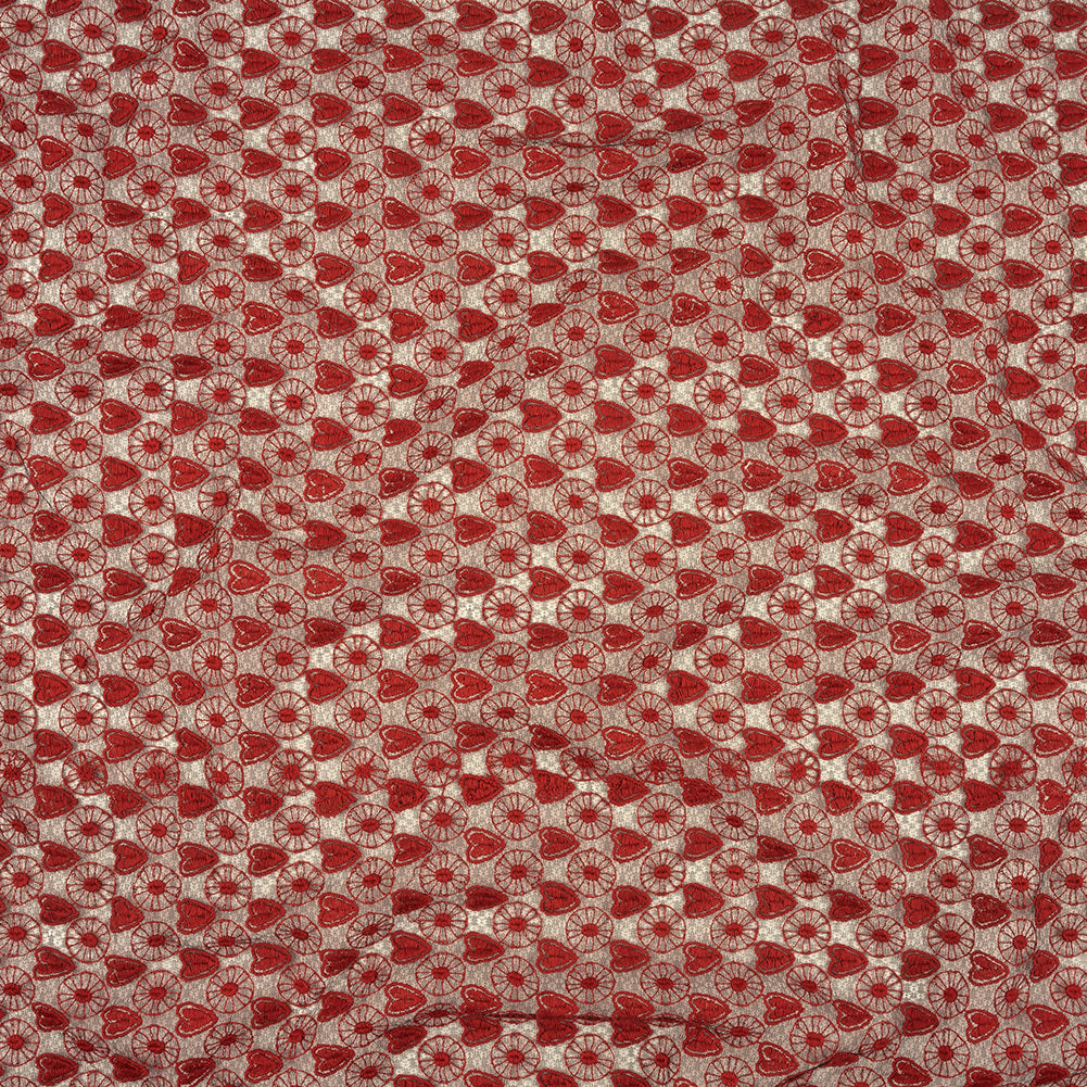 Famous Designer Red and Black Hearts and Wheels Embroidered Lace Famous Designer Red and Black Hearts and Wheels Embroidered Lace