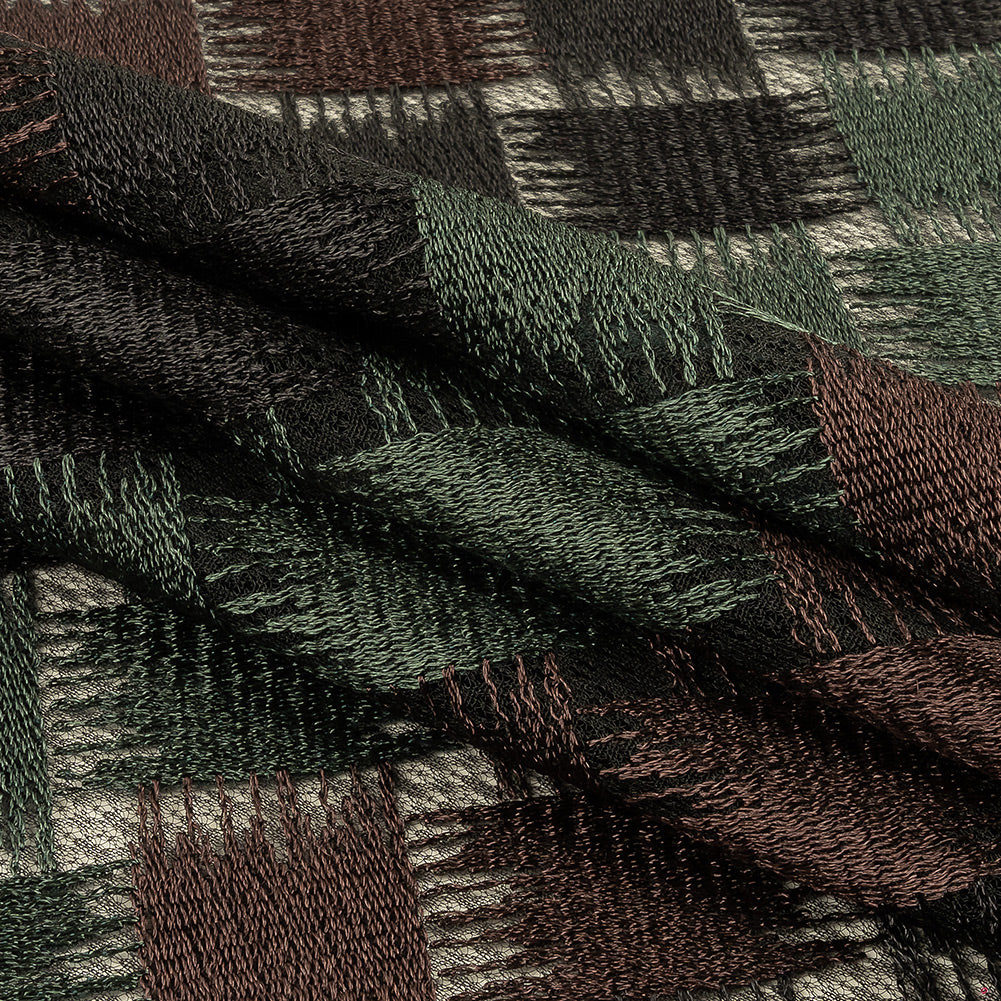 Jade, Brown and Black Diagonal Basketweave Embroidered Stretch Polyester Mesh Folded Jade, Brown and Black Diagonal Basketweave Embroidered Stretch Polyester Mesh Folded
