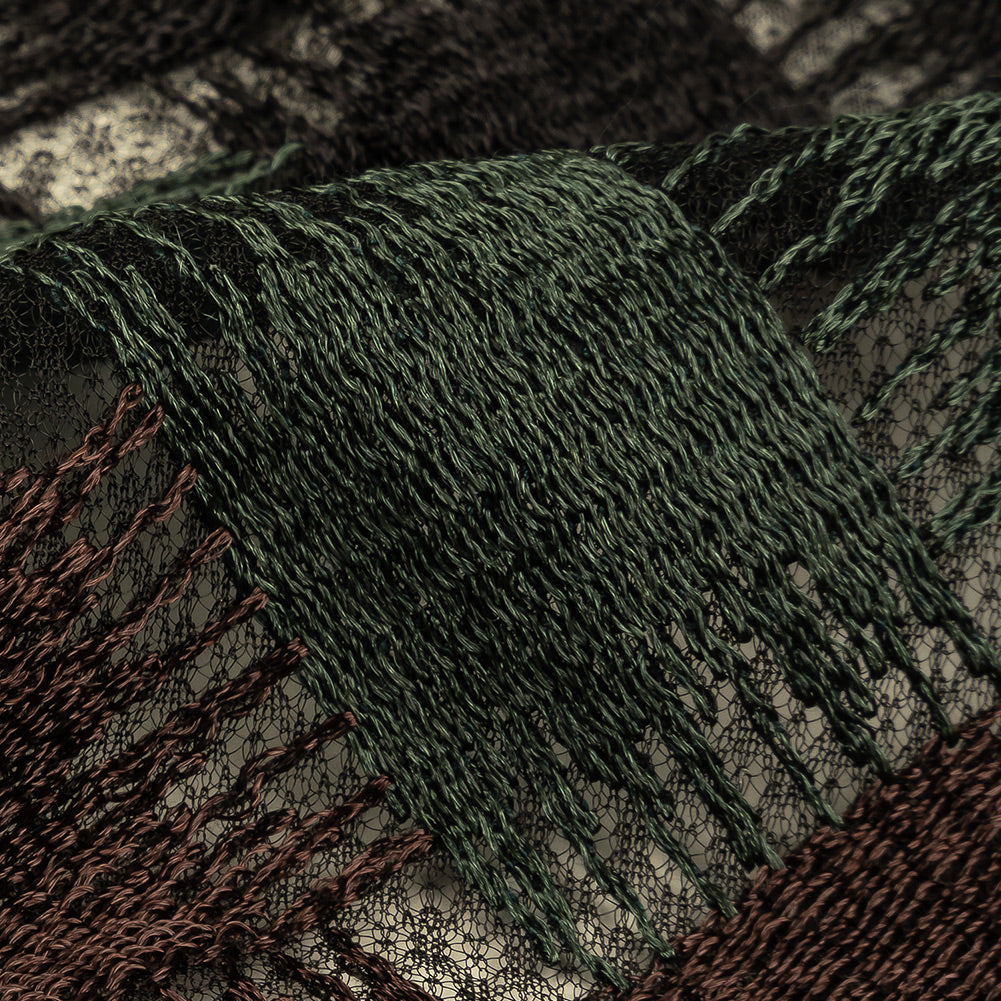 Jade, Brown and Black Diagonal Basketweave Embroidered Stretch Polyester Mesh Detail Jade, Brown and Black Diagonal Basketweave Embroidered Stretch Polyester Mesh Detail