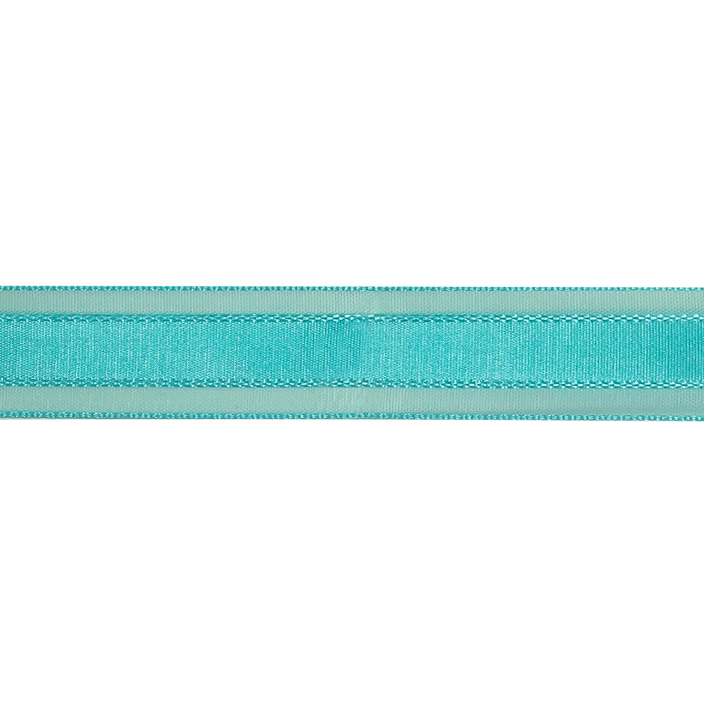 Turquoise Woven Ribbon with Sheer Organza Borders - 0.75" Detail Turquoise Woven Ribbon with Sheer Organza Borders - 0.75" Detail