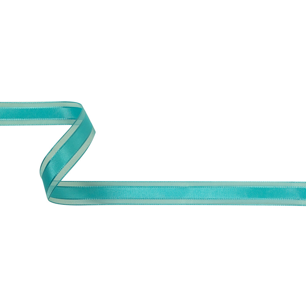 Turquoise Woven Ribbon with Sheer Organza Borders - 0.75" Turquoise Woven Ribbon with Sheer Organza Borders - 0.75"