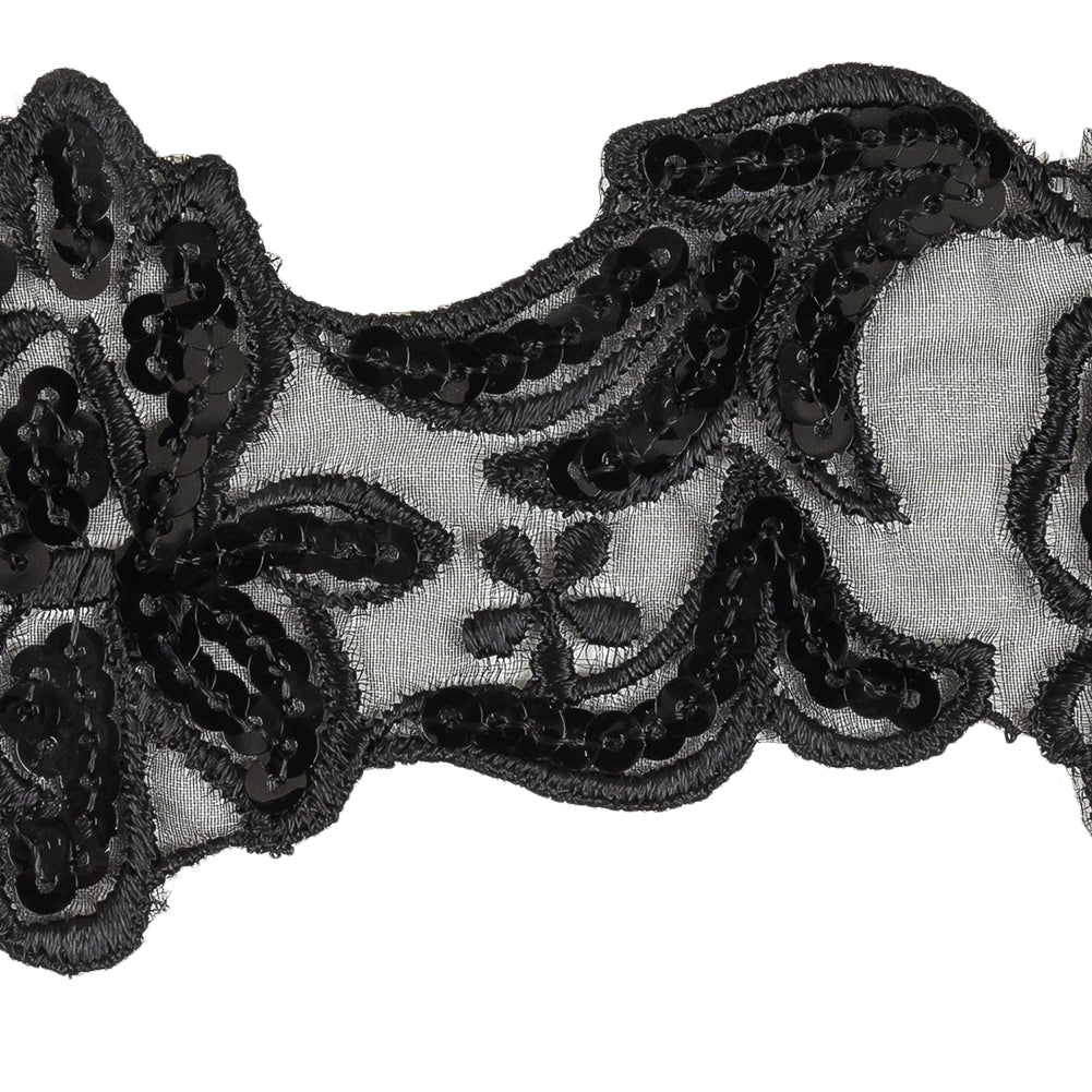 Black Floral Sequined and Embroidered Mesh Trim - 3" Detail Black Floral Sequined and Embroidered Mesh Trim - 3" Detail
