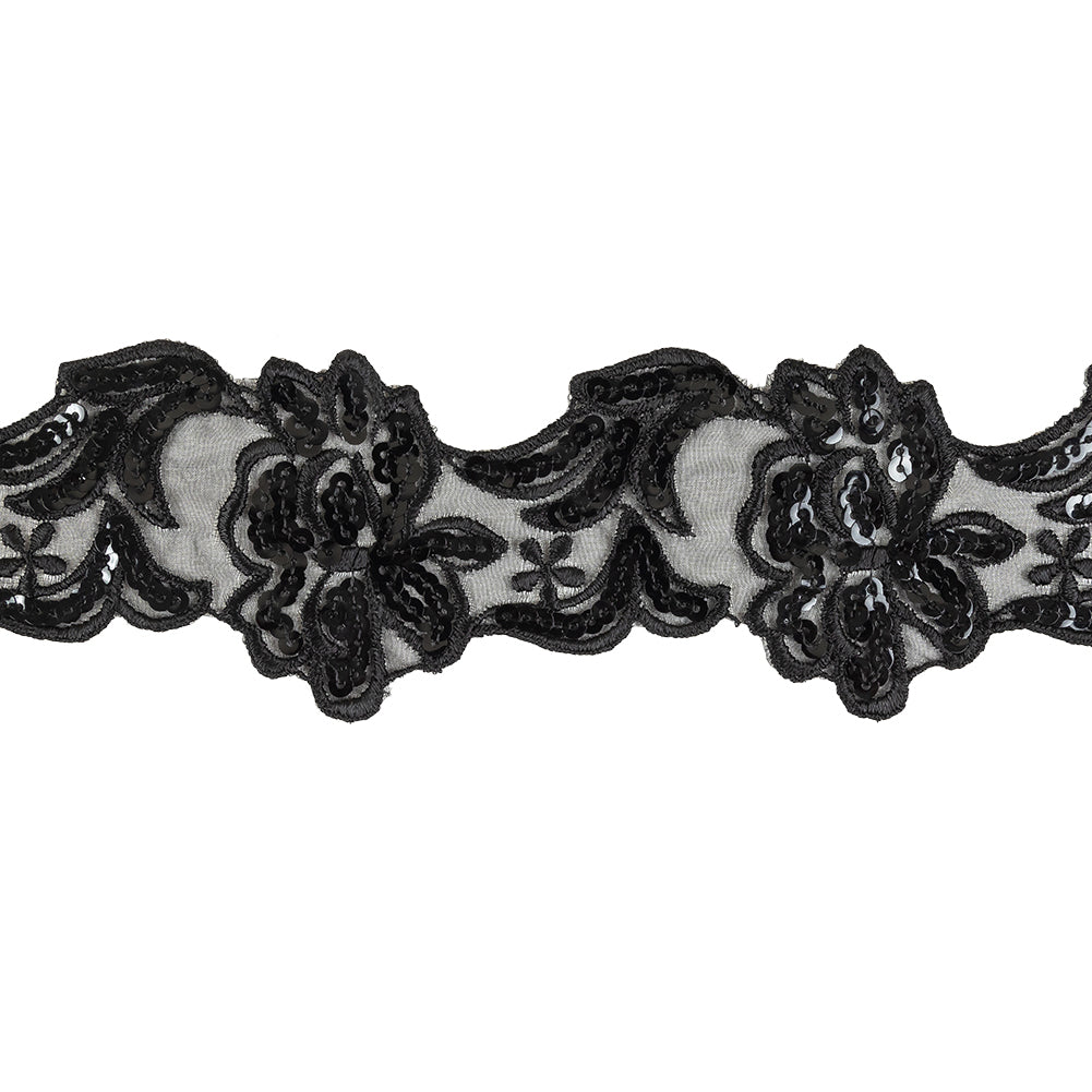 Black Floral Sequined and Embroidered Mesh Trim - 3" Black Floral Sequined and Embroidered Mesh Trim - 3"