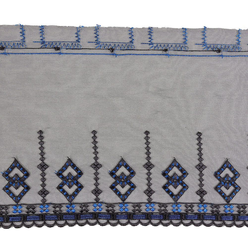 Black and Estate Blue Diamonds Embroidered Mesh Lace Trim with Finished Scalloped Edge and Ribbon Insertion - 8" Black and Estate Blue Diamonds Embroidered Mesh Lace Trim with Finished Scalloped Edge and Ribbon Insertion - 8"