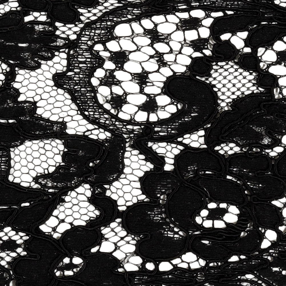 Black Floral Scalloped Corded Lace Trim with Eyelash Fringe - 4yds x 5.75" Detail Black Floral Scalloped Corded Lace Trim with Eyelash Fringe - 4yds x 5.75" Detail