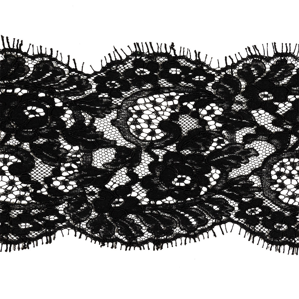 Black Floral Scalloped Corded Lace Trim with Eyelash Fringe - 4yds x 5.75" Black Floral Scalloped Corded Lace Trim with Eyelash Fringe - 4yds x 5.75"